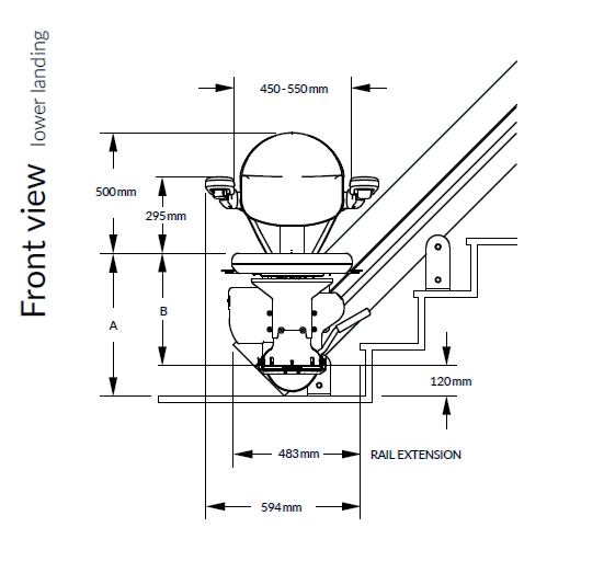 Bruno Elite Curved Stairlift Dimensions Front View